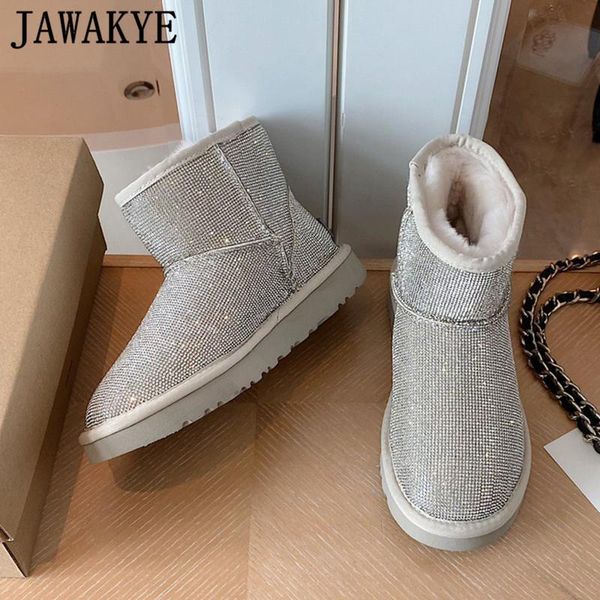 

boots bling crystal snow natural sheep fur winter shoes silver black girl's ankle short botas de mujer flat