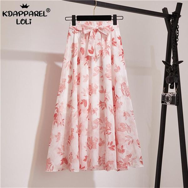 

skirts summer women's chiffon long skirt bohemian mid-length high-waist fairy floral sweet beach girls female spring korean, Black
