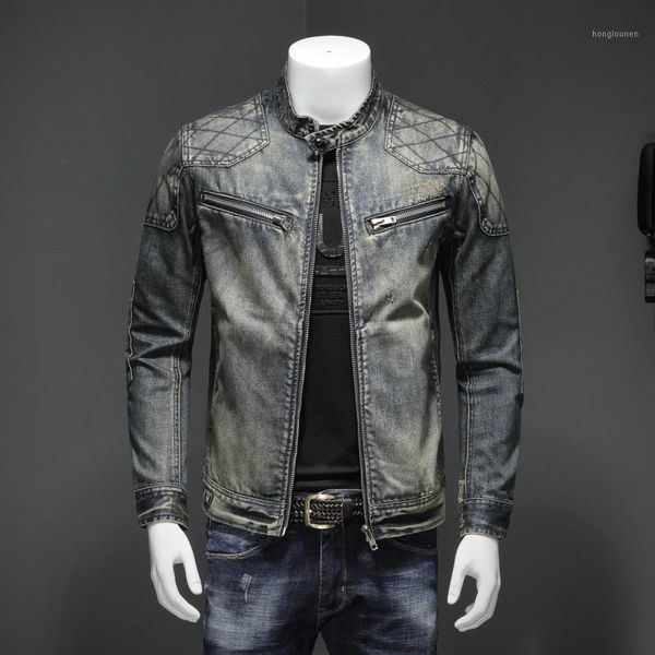 

men's blue denim vintage classic biker motorcycle jacket stand collar retro slim fit distressed racer jeans coat drop jackets, Black;brown