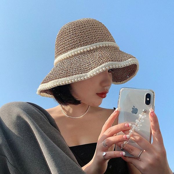

wide brim hats uflame fashion pearl edge foldable straw women travel all-match uv protection sun hat ladies beach visor, Blue;gray