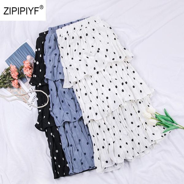 

skirts 2021 spring high waist cake polka dot multi-layers mid-calf sweet women's clothing chiffon a-line, Black