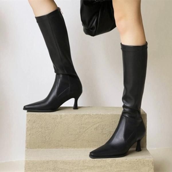

boots solid concise back zipper high heel booty 2021 autumn winter outside wearing knee, Black