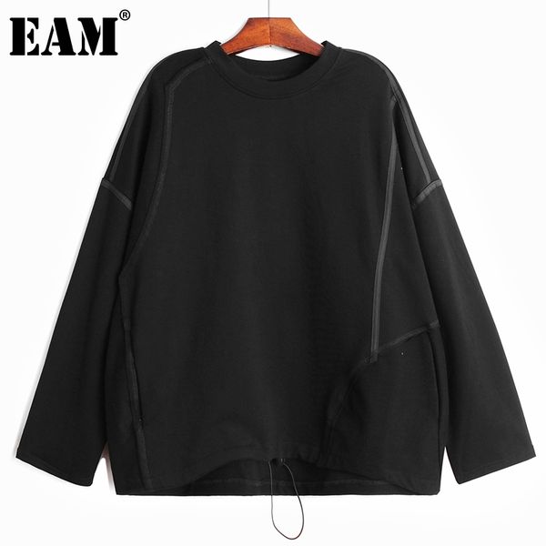 

[eam] women black causal spliced pockets drawstring t-shirt round neck long sleeve fashion spring autumn 1dd8249 210512, White