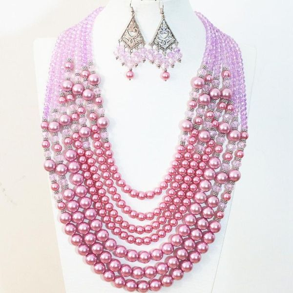 

earrings & necklace women's 7 rows dark pink round shell simulated-pearl crystal high grade elegant jewelry set 19-27.5inch b1298, Silver