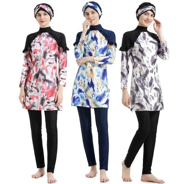 

swim wear 2021 muslim swimwear women modest patchwork hijab long sleeves sport swimsuit islamic muslimah burkinis bathing suit