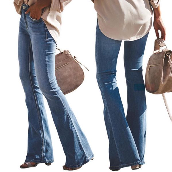 

women jeans spring autumn casual denim pants high waist ripped hole wide leg flare clothing women's, Blue