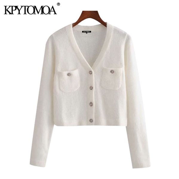 

women fashion with pockets cropped knitted cardigan sweater vintage v neck long sleeve female outerwear chic 210421, White;black