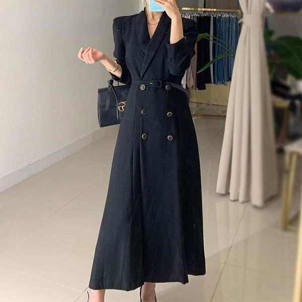 

casual dresses fashion solid belt dress women spring autumn notched long sleeve office ladies blazer female a-line black, Black;gray