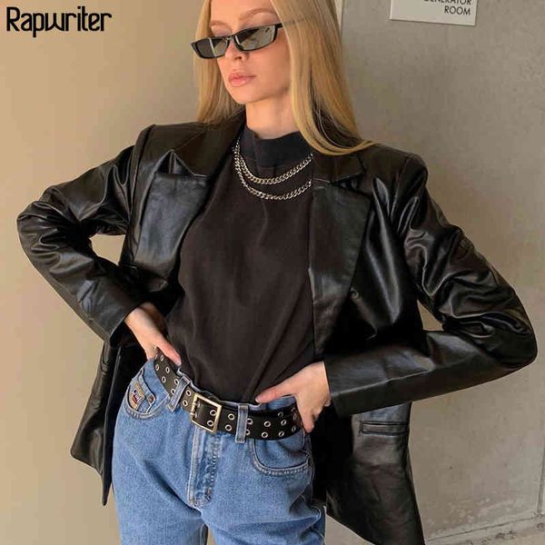 

fashion pu black oversize ladies suit leather blazer women turn down collar long sleeve coat femme vintage winter clothes 210415, White;black