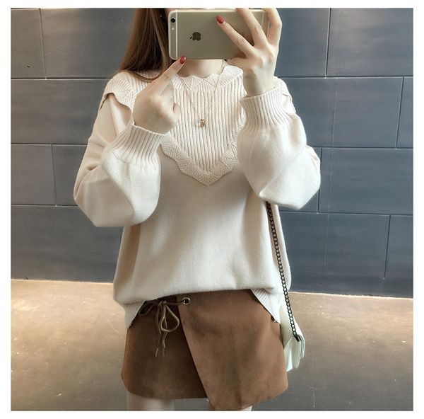 

sweaters pullover women's autumn and winter clothing korean version loose solid color lotus leaf collar knit sweater wool, White;black