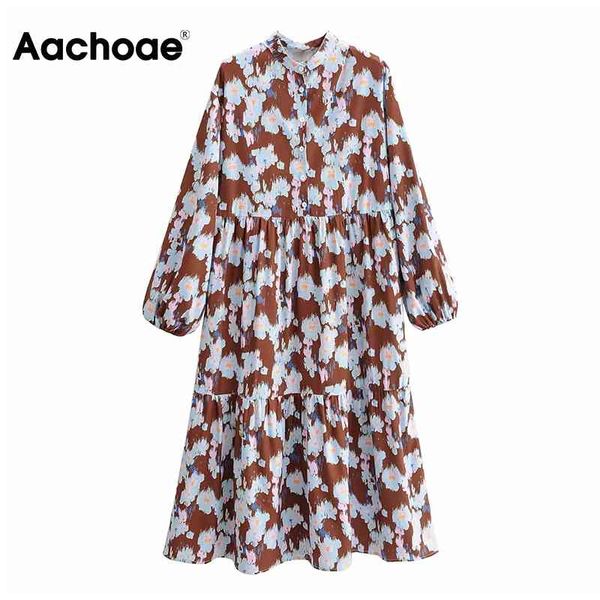 

aachoae floral print boho dress lantern long sleeve loose pleated dress o neck vintage midi dresses lady sundress vestidos 210413, Black;gray