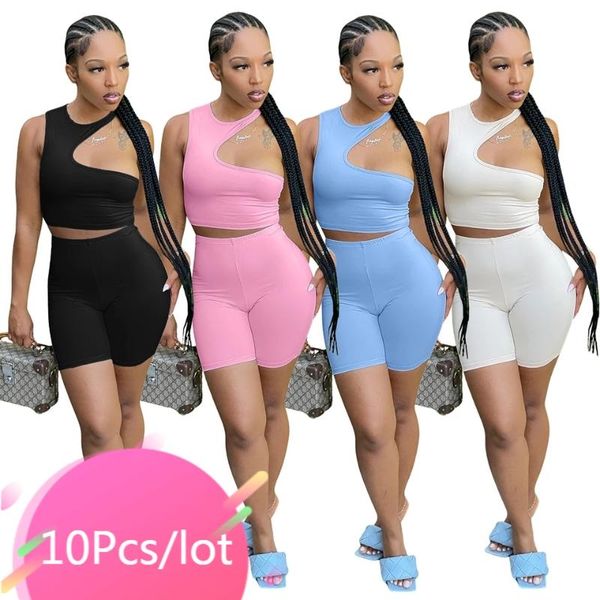 

women's tracksuits bulk item wholesale lots 2021 summer women shorts set one shoulder crop biker sporty 2 piece matching sets, Gray