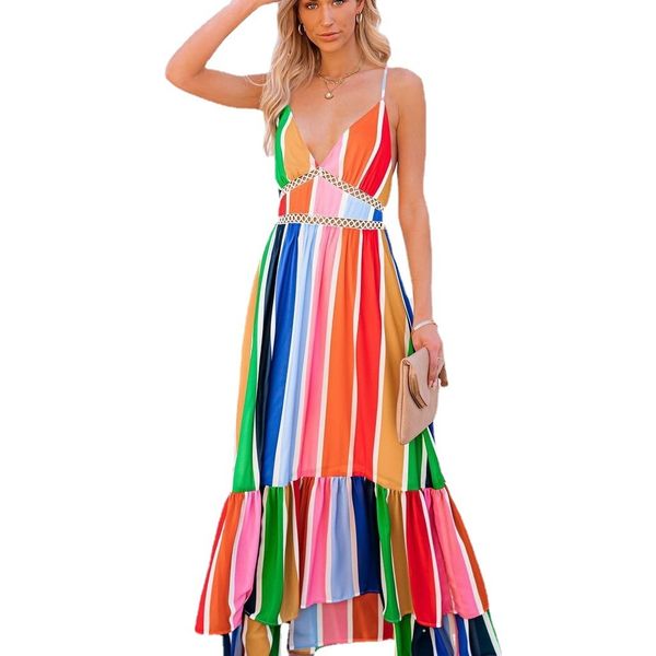 

charming dresses raiow stripe printing lace stitching deep v long, Black;gray