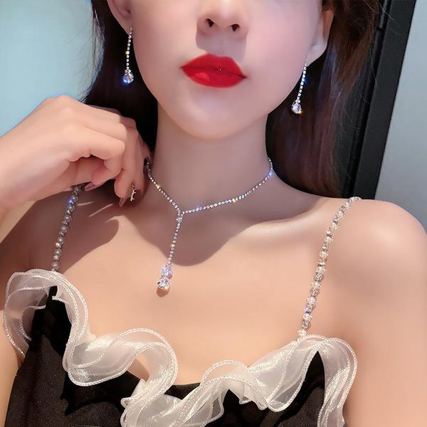 

pendant necklaces flash diamond necklace bracelet earring set 2021 fashion bride wedding super fairy women, Silver
