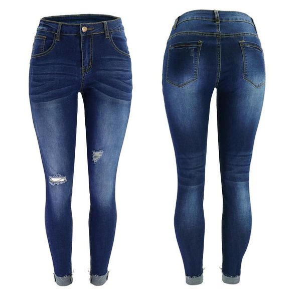 

women's jeans cropped women classic dark blue casual pants hip hole