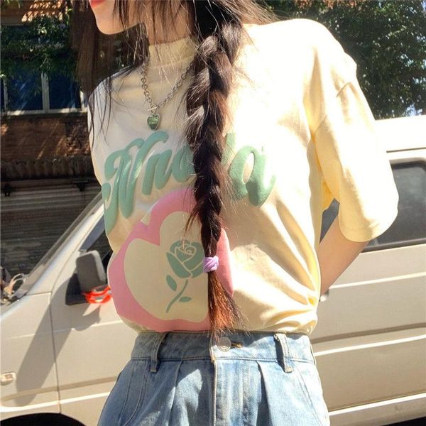 

women's t-shirt korean fashion ins trend milk yellow short sleeve 2021 summer loose chic hong kong style women t shirt harajuku tee, White