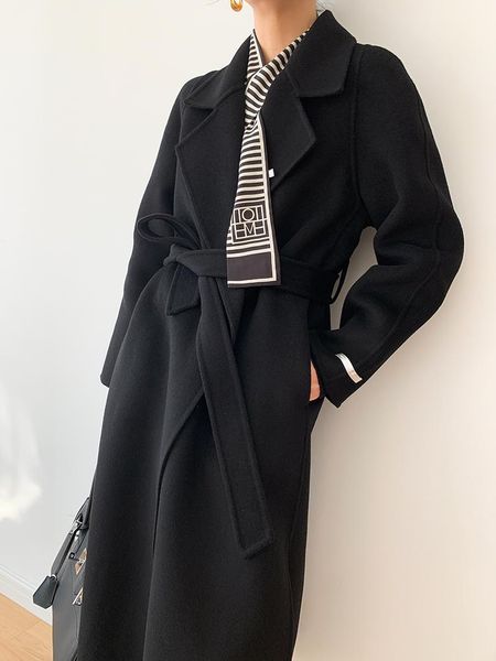 

women's wool & blends women fashion korean elegant solid long coat overcoats with belt, Black