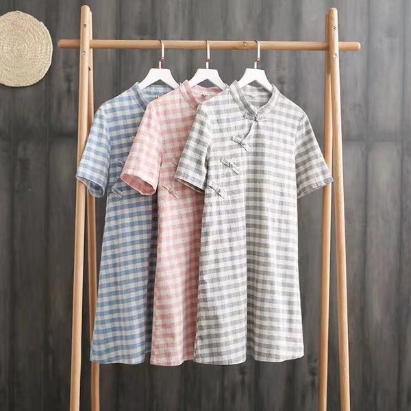 

dresses sw273 summer new style literature art plaid stand collar cotton and linen short sleeve dress skirt, Black;gray