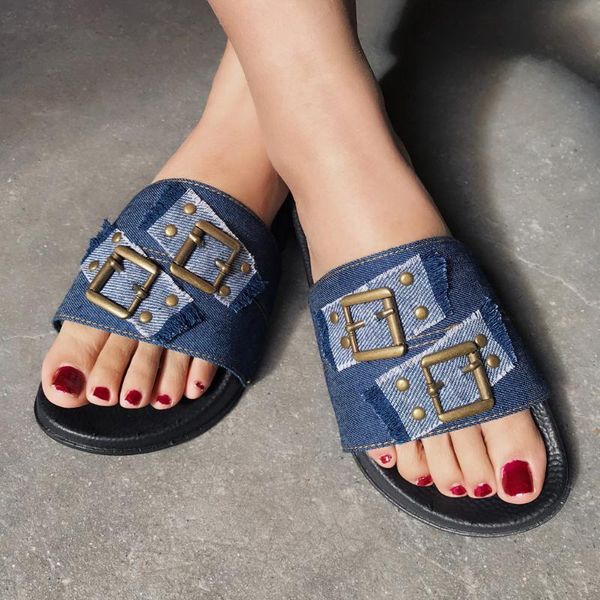 

slippers summer womens flip flop denim slip-on breathable flats women open toe shoes casual for zapatos de mujer, Black