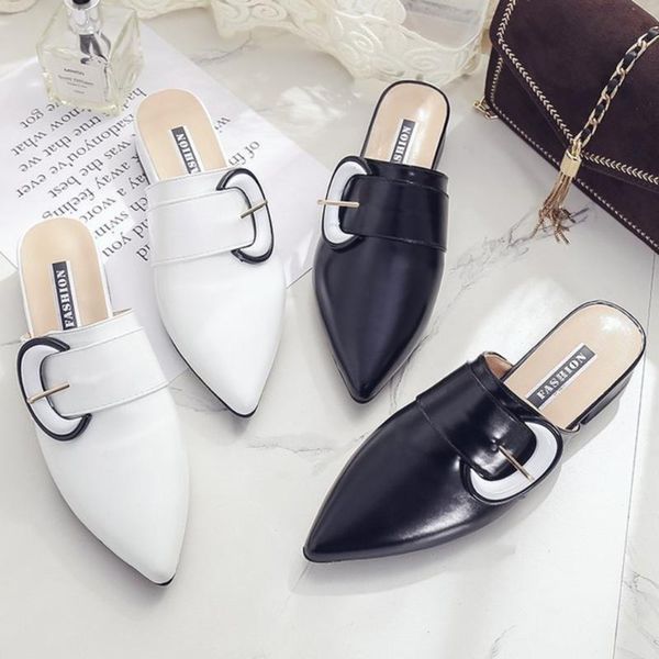 

sandals spring baotou semi slippers women's 2021 thick heel pointed women wear low muller shoes outside plus 43, Black