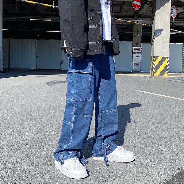 

men's jeans men straight pant loose multi-pocket streetwear hip hop wide leg denim neutral harajuku cowboy baggy pants, Blue
