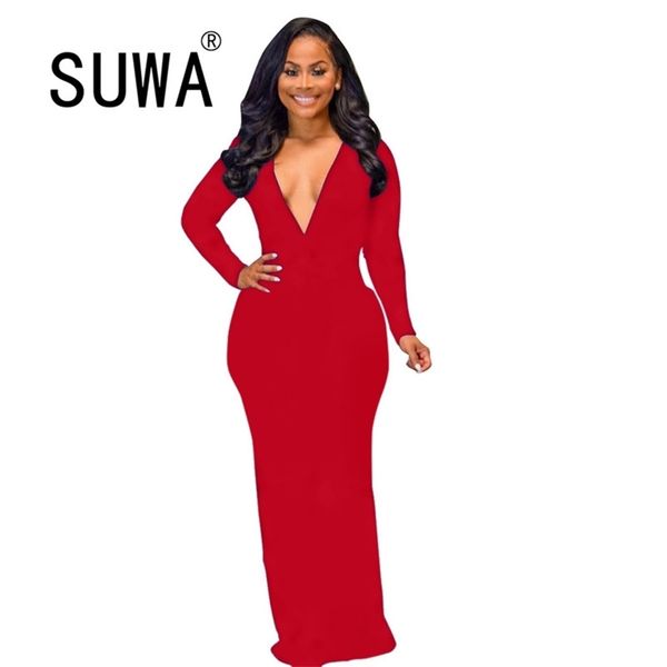 

solid color deep v neck long sleeve sheath maxi dresses for women evening party and wedding gowns elegant female 210525, Black;gray