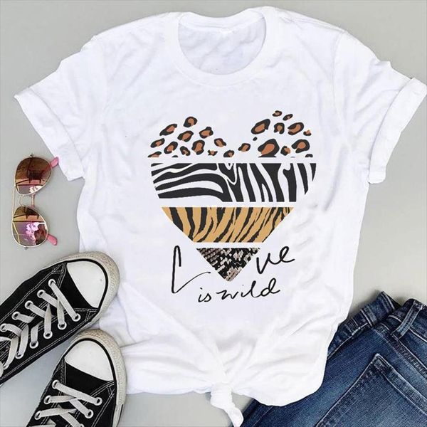 

fashion print graphic striped love womens t shirt leopard trend cute summer short sleeve female clothes tees, White