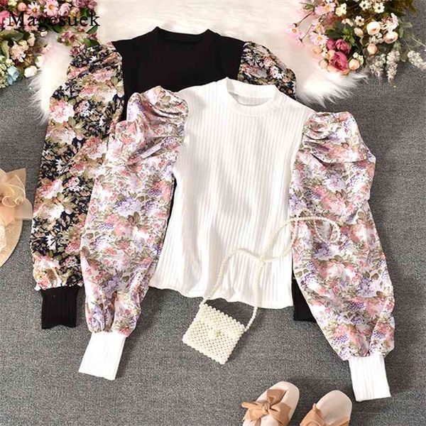 

autumn spliced blouses and shirts for ladies korean floral vintage puff sleeve women pullover white blouse women 12066 210512
