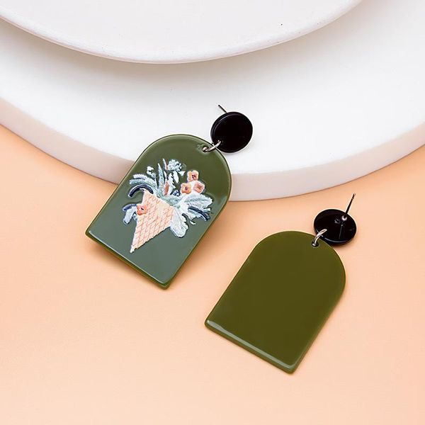 

stud acrylic geometric painted portrait oil painting plant flower earrings accessory jewelry, Golden;silver