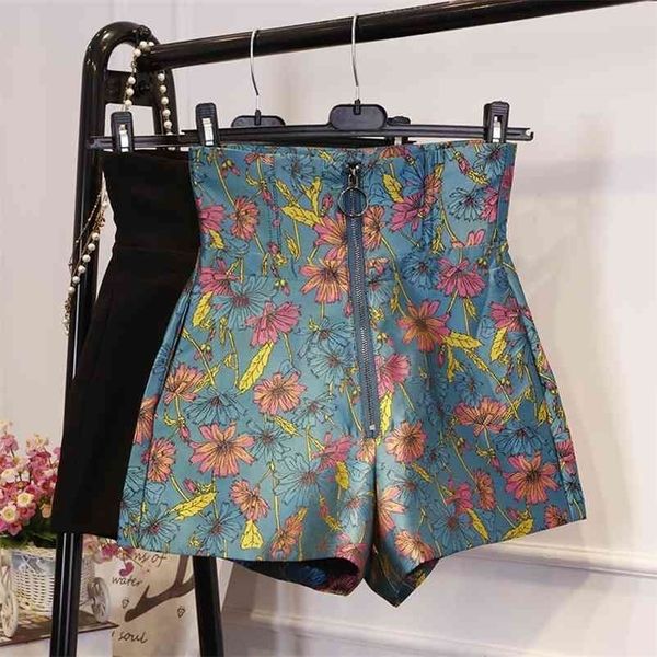 

zipper high waist wide legs short vintage flower printing fashion short femme black summer 210621, White;black
