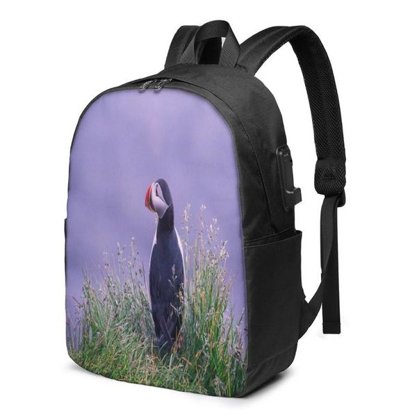 

backpack teenage for school boy girl puffin bird grass bag usb charging bookbag