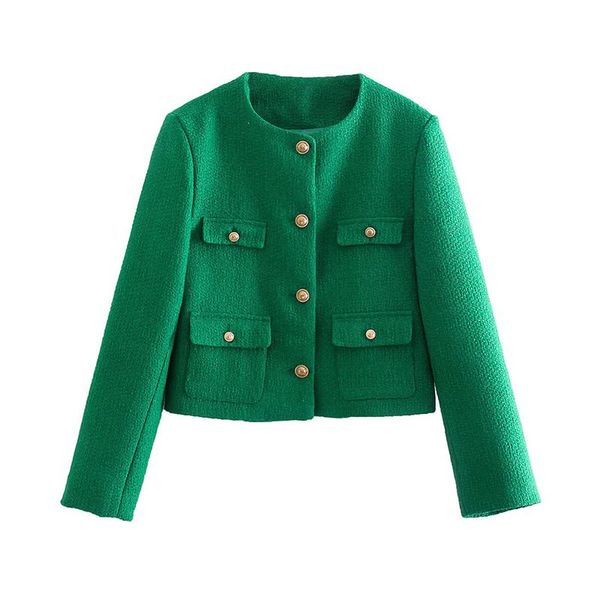Женские костюмы, блейзеры YENKYE, женская мода 2021, зеленый твидовый укороченный блейзер, пальто, винтажные карманы, с длинным рукавом, осенне-зимняя верхняя одежда, односпальная одежда