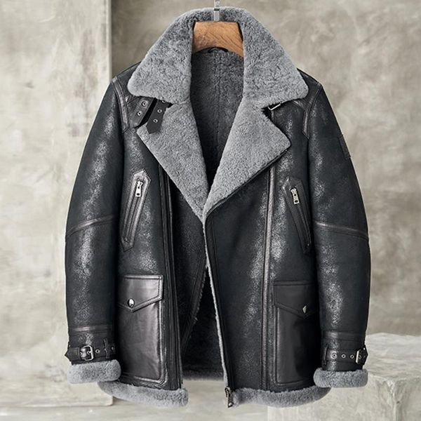 

men's leather & faux black shearling jacket men genuine b3 bomber