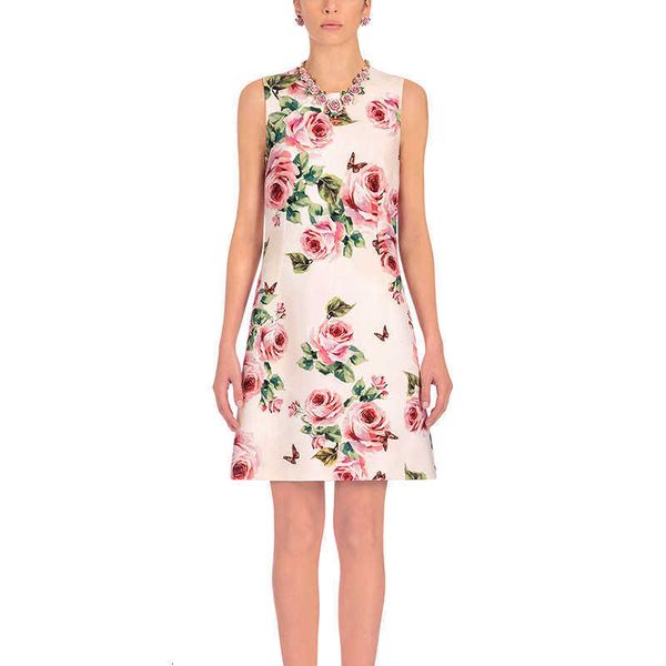 

casual dresses aristocratic pale pink roses butterfly printed sleeveless round collar d1yd, Black;gray
