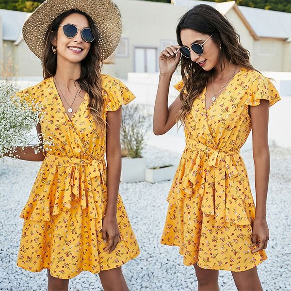 

v-neck medium and long flying sleeve floral chiffon dress new summer french retro slim high a-line skirt, White