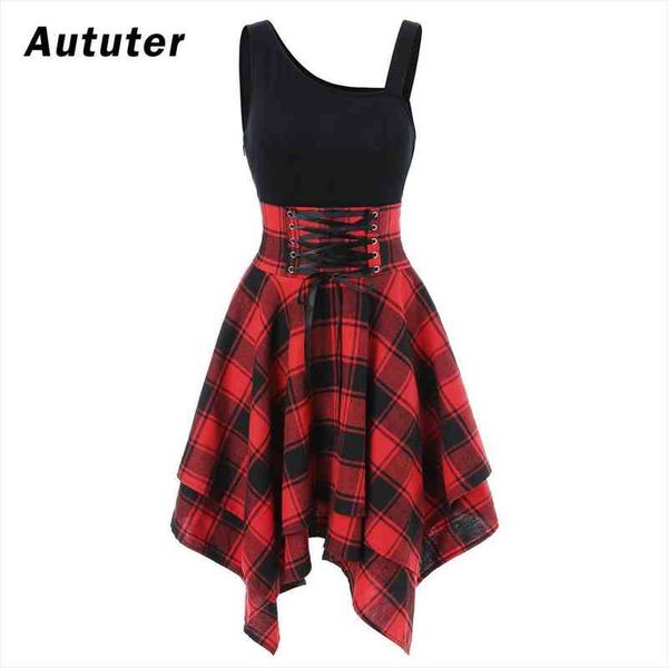 

gothic women summer sundress sleeveless cold shoulder cross lace up plaid print irregular r female dresses for women a3, Black;gray