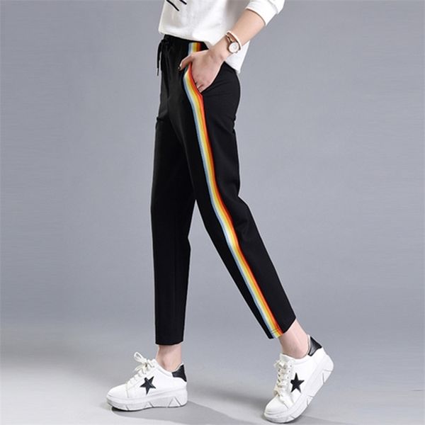 Frühling Sommer Frauen Casual Jogginghose Regenbogen Gestreiften Gedruckt Seite Hose Damen Lose Hosen Jogger Sweat Hosen Plus Größe 210522