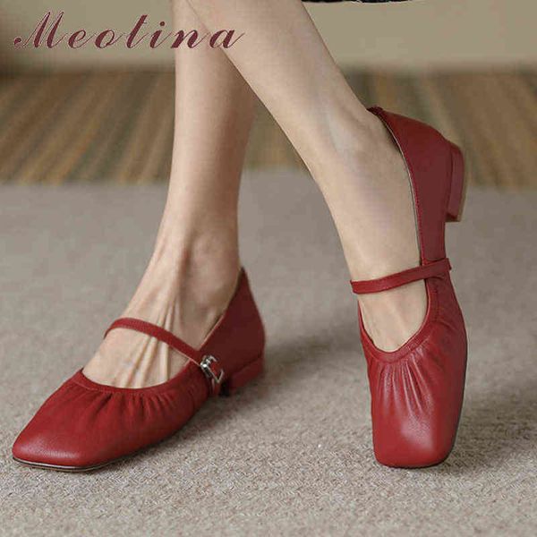 Scarpe piatte Mary Jens in pelle da donna con fibbia e punta quadrata primavera autunno stagione vino rosso 220209