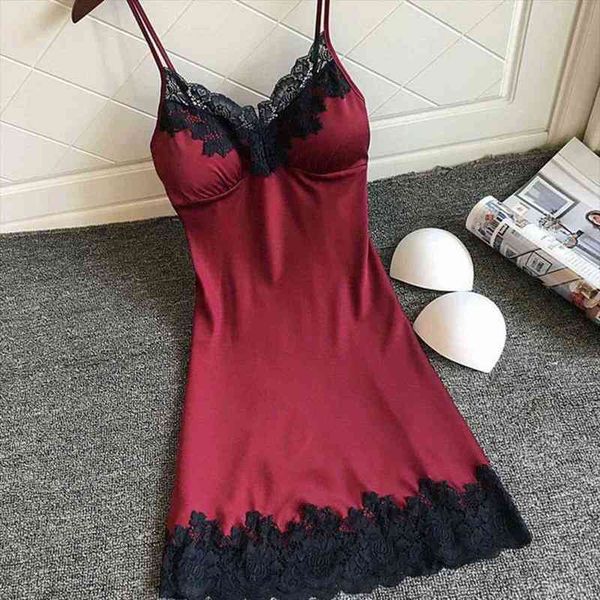 

nightgowns satin lace lingerie women sleepwear summer v neck sleeveless night dress chest pad nightgown, Black;red