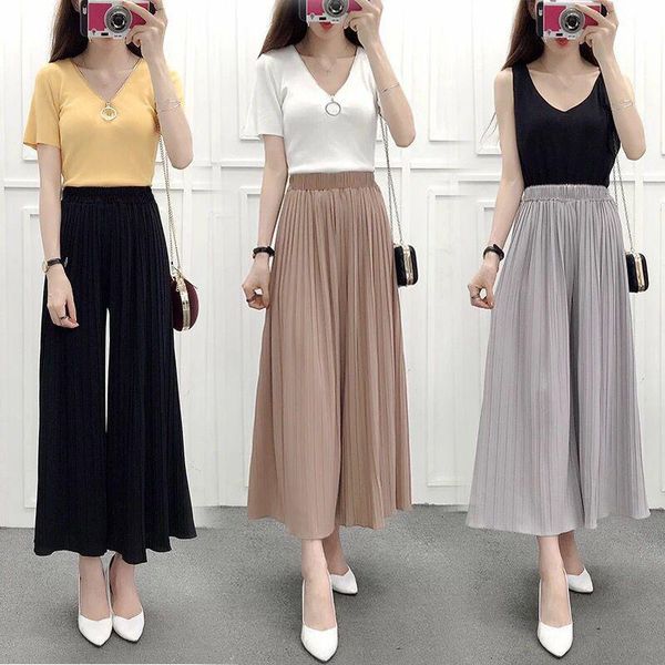 

women's pants & capris missky women ankle-length solid color casual high-waist pleated wide-leg chiffon female clothes for summer, Black;white