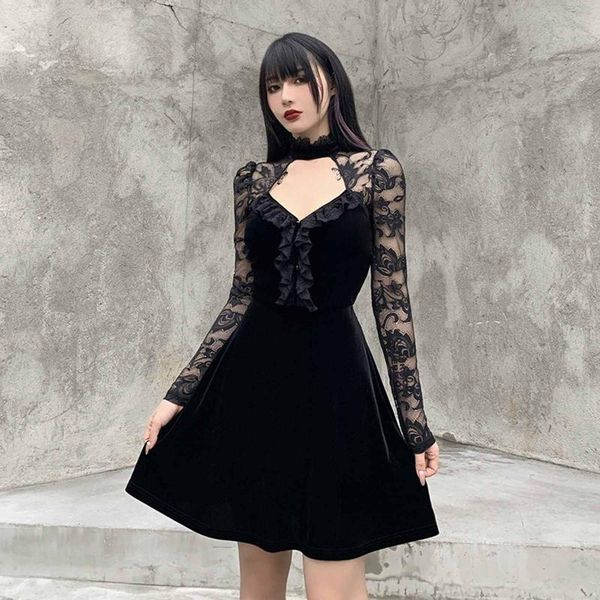 

casual dresses women gothic black dress fashion long sleeve hollow out lace patchwork punk evening party mini vestidos de fiesta, Black;gray