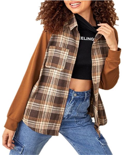 

womens jackets plaid shirts solid color long sleeve stitching casual single breasted pocket blouse autumn spring fashion, Black;brown