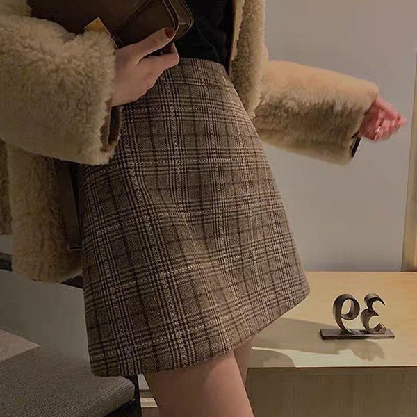 

skirts plaid woolen skirt autumn and winter women's clothing 2021 high waist a- line woman mujer faldas saias mulher, Black