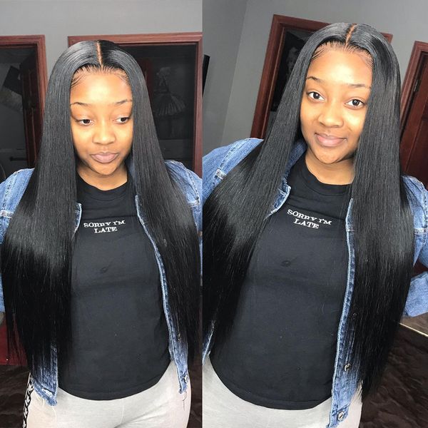 

heat resistant hair black color synthetic lace front wig for women middle part hand tied long silky straight wig preplucked