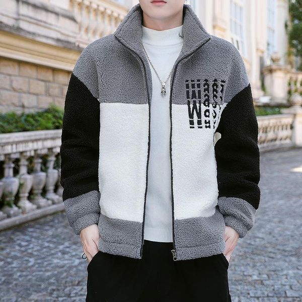 

men's jackets plush fabric men warm jacket fashion high street thick windproof patchwork winter male, Black;brown