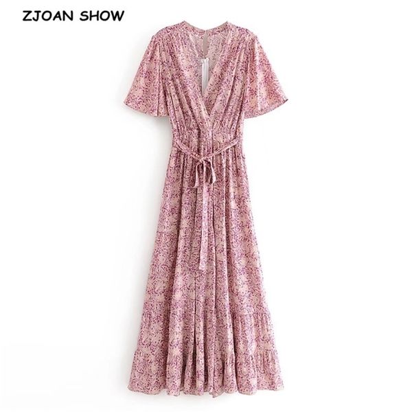

boho cross v neck floral print flare short sleeve dress holiday women tie bow waist hollow out zipper back long dresses 210429, Black;gray
