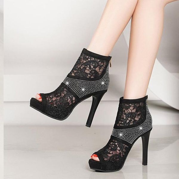 

summer fashion women's sandals female fish mouth stiletto heels waterproof platform mesh rhinestone, Black
