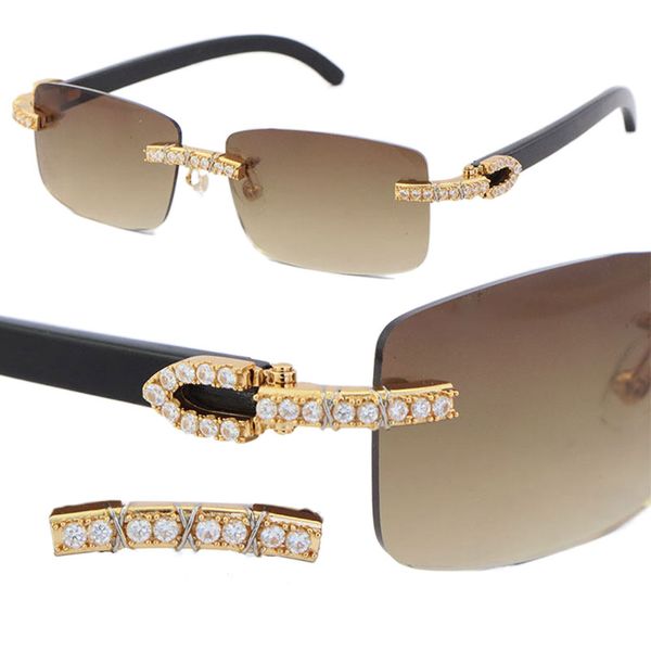 Neues Modell, handgefertigt, 2,6 Karat Diamantbesatz, randlose Sonnenbrille, Original-Brille aus schwarzem Büffelhorn, Damen- und Herrenbrille, berühmte quadratische UV400-Sonnenbrille für Herren und Damen, 18 Karat Gold