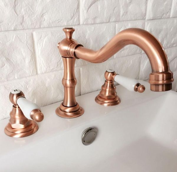

bathroom sink faucets antique red copper brass deck mounted dual ceramic handles widespread 3 holes basin faucet mixer taps mrg040