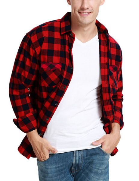 Mens Pocket Flannel Plaid Cotton Shirt Long Sleeve Checkered Casual Slim Fit Black Warm Autumn Winter Shirts